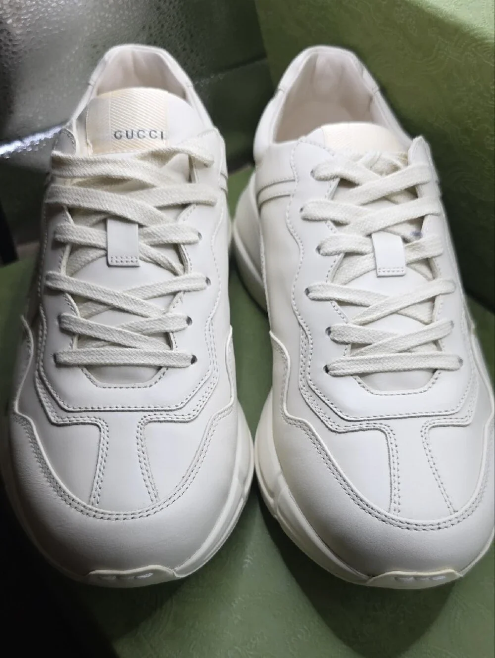 Gucci White Leather Sneaker with Red & Green Stripe Logo